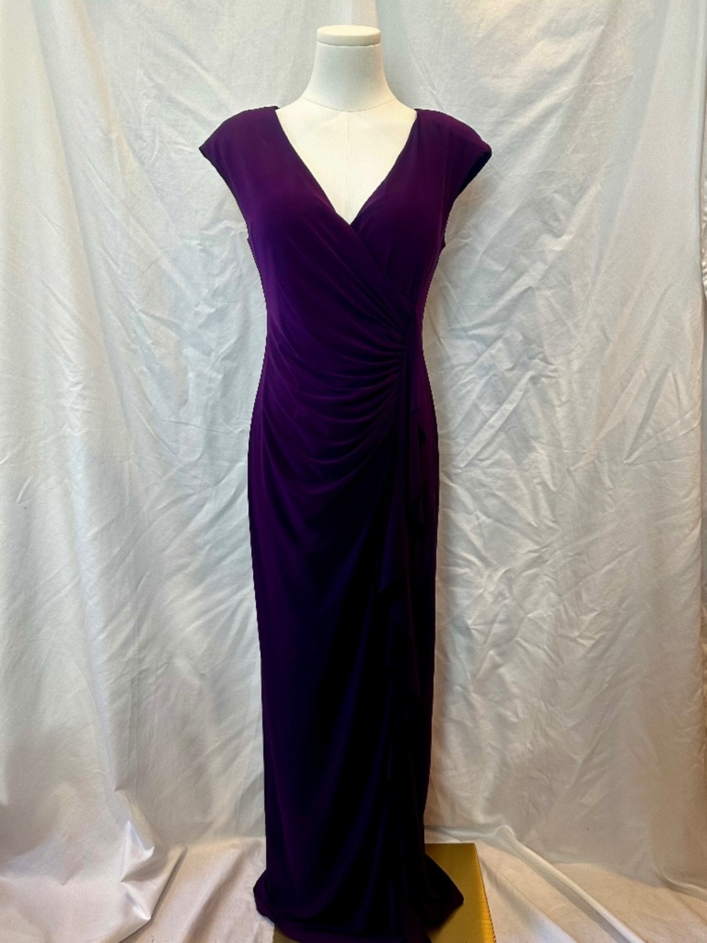 Evan Picone Asymmetrical Maxi Dark Purple Dress with Short Sleeves, Size 6